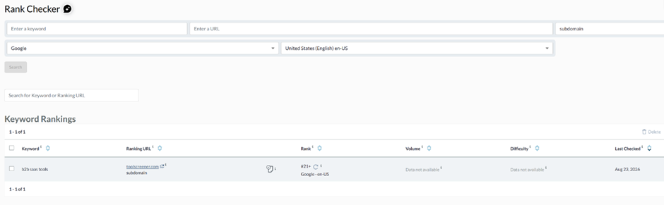 Rank Checker results showing keyword ranking position and search engine settings
