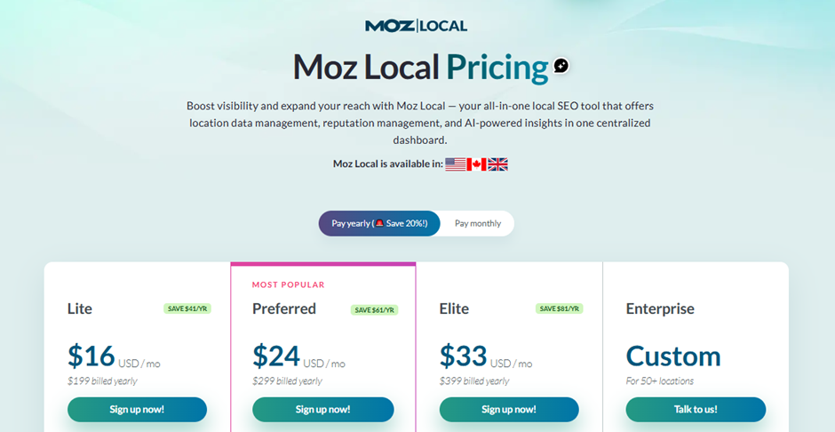 Moz Local pricing page showing Lite, Preferred, Elite, and Enterprise plans
