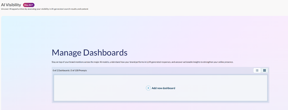 Moz Pro AI Visibility "Manage Dashboards" screen with add new dashboard option