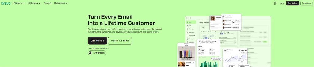 Brevo homepage showing "Turn Every Email into a Lifetime Customer" hero section with signup 