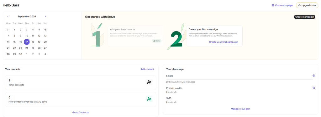 Brevo dashboard after sign-up showing onboarding steps, contact count, and plan usage 
