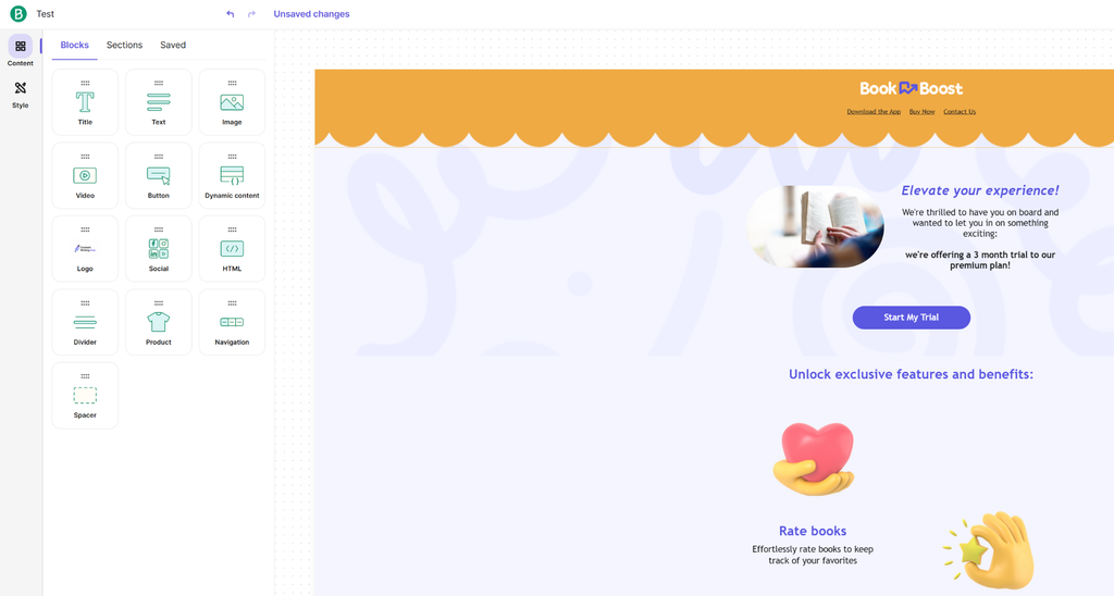 Brevo drag-and-drop email editor showing content blocks and a sample template 