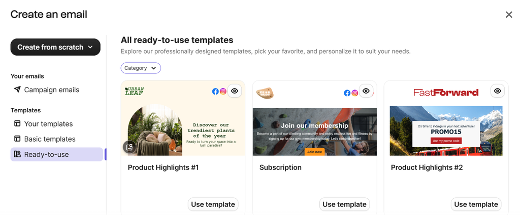Brevo template selection screen showing ready-to-use templates like Product Highlights and Subscription 