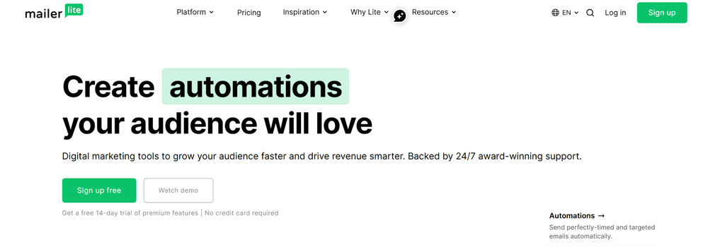 MailerLite homepage showing "Create automations your audience will love" hero section 