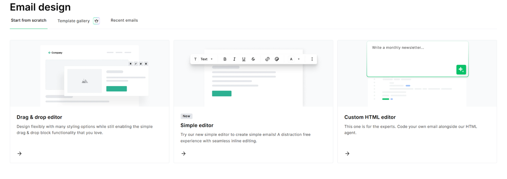 MailerLite email design screen showing three editor options: drag and drop, simple, and custom HTML 