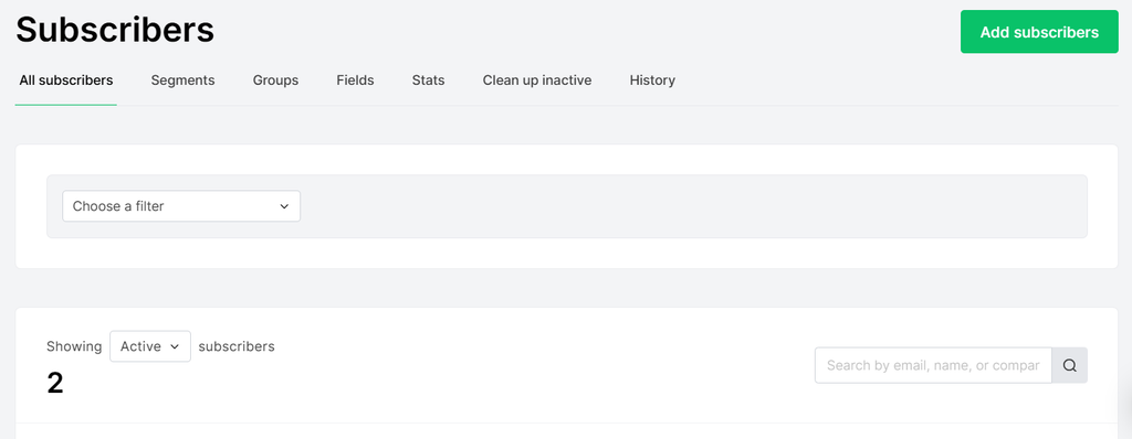 MailerLite subscribers screen showing filter options and total subscriber count 