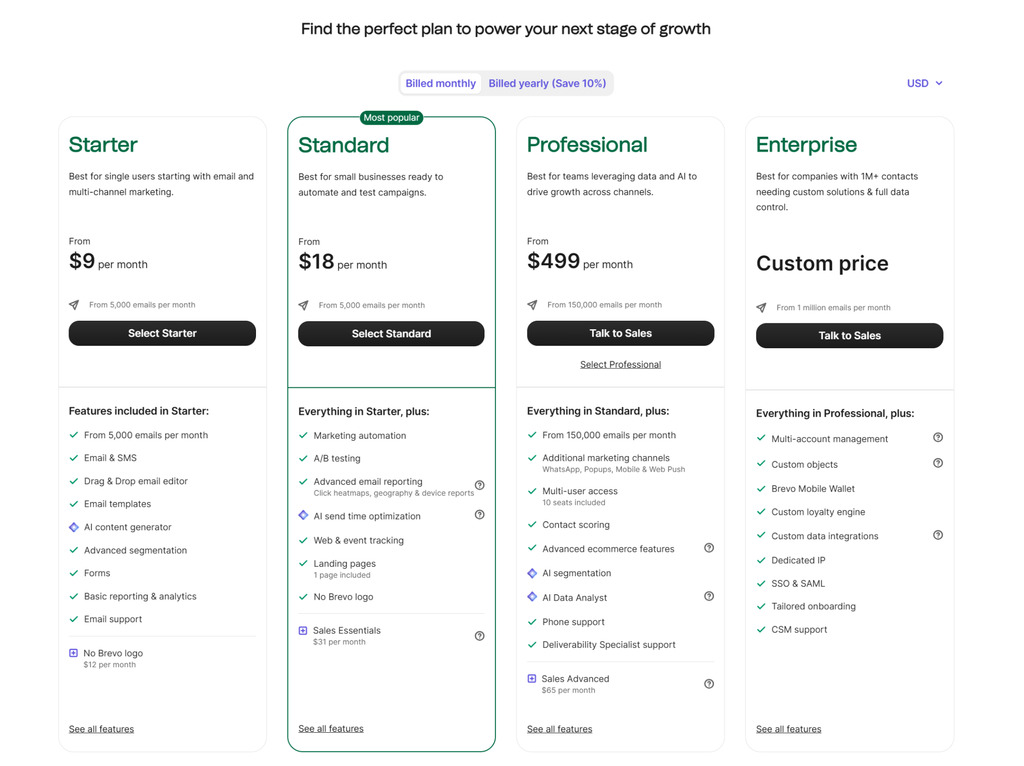 Brevo pricing plans from Starter to Enterprise