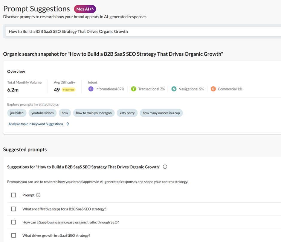 Moz Prompt Suggestions results showing search intent breakdown and suggested prompts
