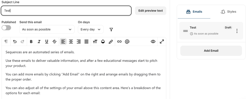Kit sequence email editor showing subject line field and email list panel 