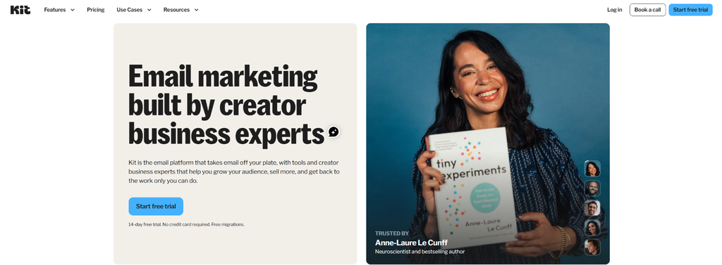 Kit homepage showing "Email marketing built by creator business experts" hero section 