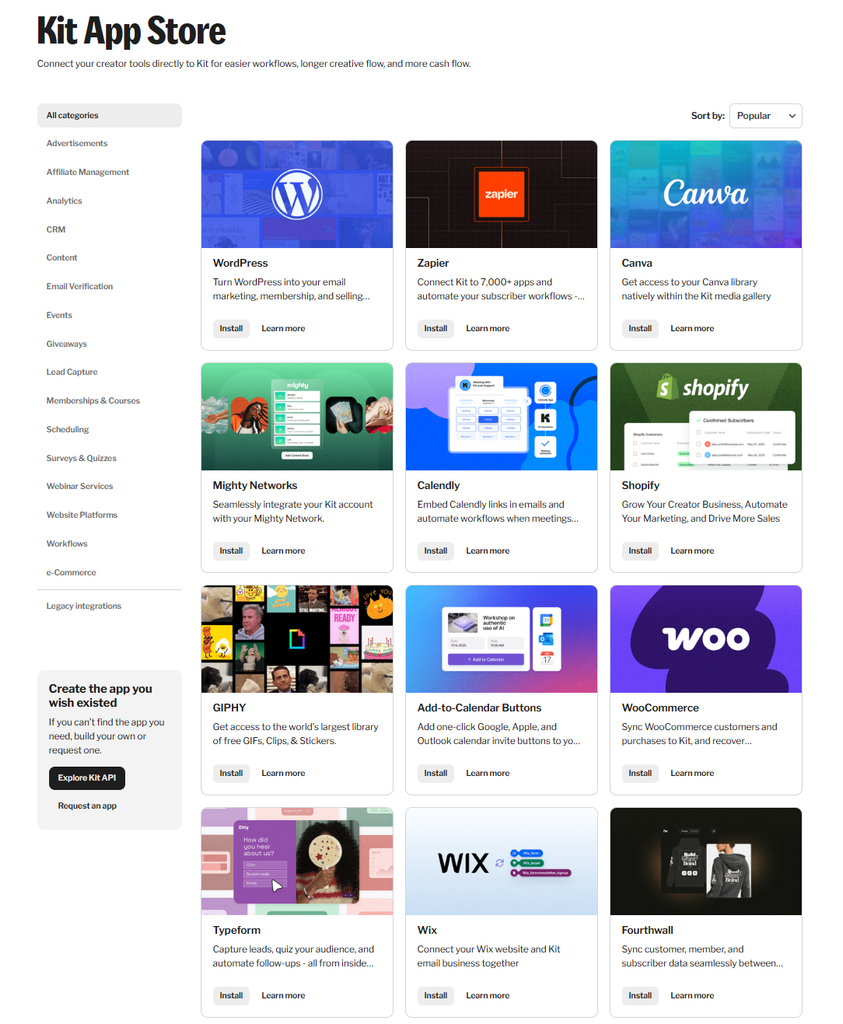 Kit App Store showing available integrations like Zapier, Shopify, and Canva 
