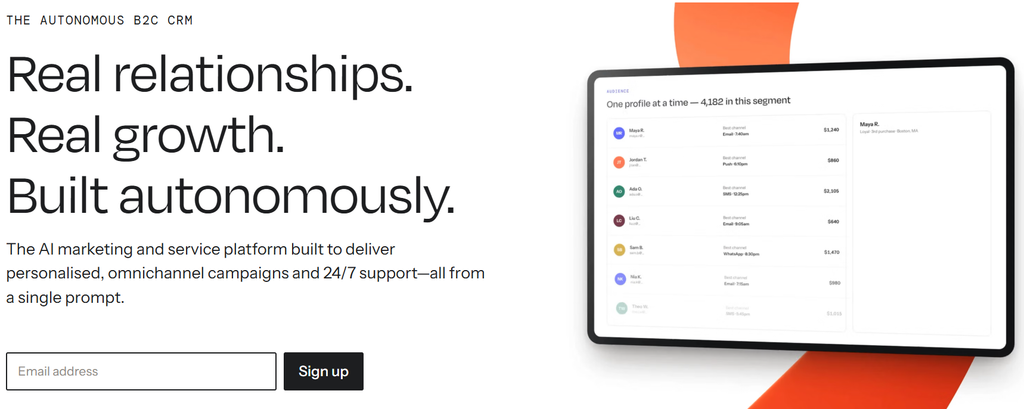 Klaviyo homepage showing "Real relationships. Real growth. Built autonomously" hero section 