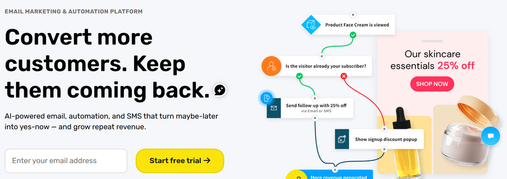 GetResponse homepage showing an automation flow example and "Convert more customers" hero section 
