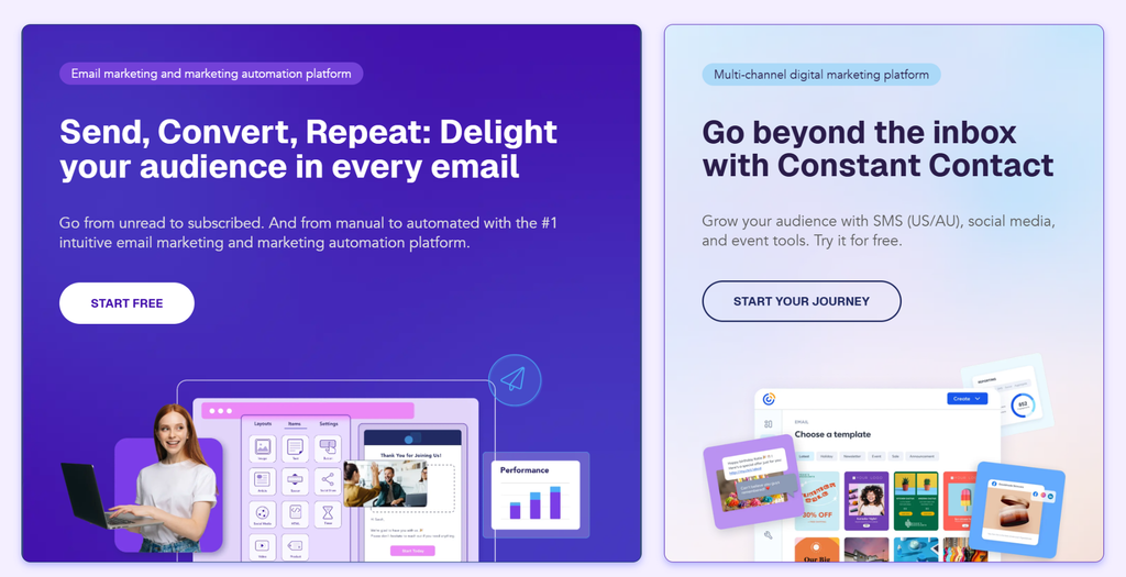 Moosend homepage showing "Send, Convert, Repeat" hero section 