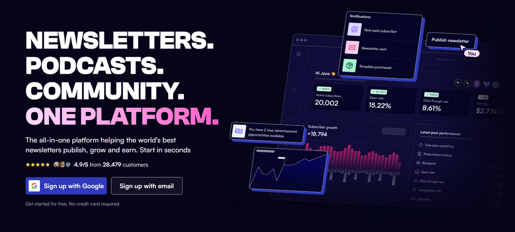 beehiiv homepage showing "Newsletters. Podcasts. Community. One platform" hero section 