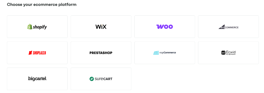 Omnisend ecommerce platform selection screen showing Shopify, Wix, WooCommerce, and others 