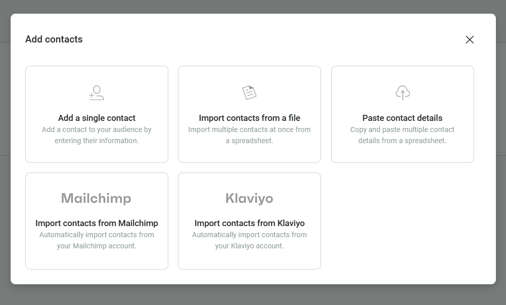 Omnisend add contacts screen showing import options, including migration from Mailchimp and Klaviyo 