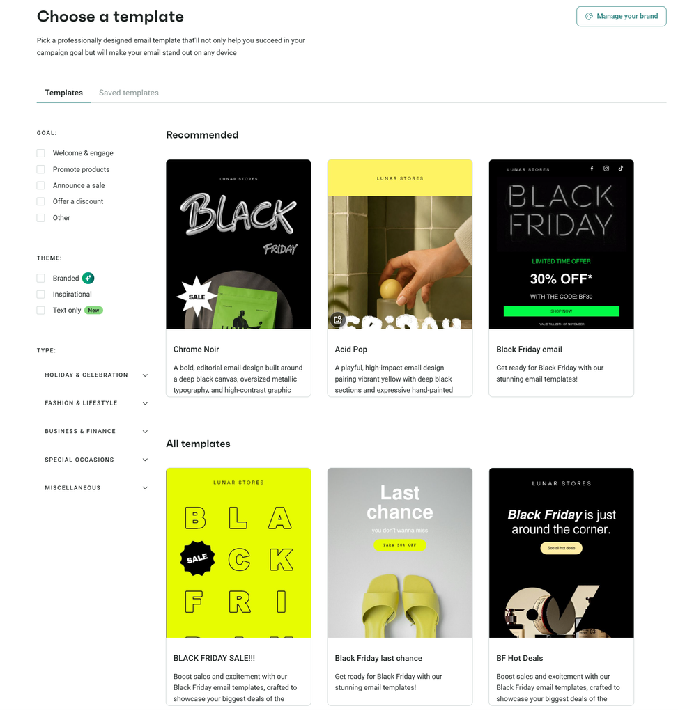 Omnisend template selection screen showing Black Friday campaign templates