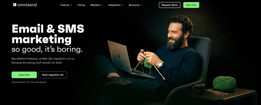 Omnisend homepage showing "Email & SMS marketing so good, it's boring" hero section 