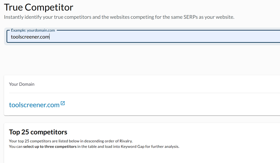 Moz True Competitor tool showing top 25 competitors by rivalry
