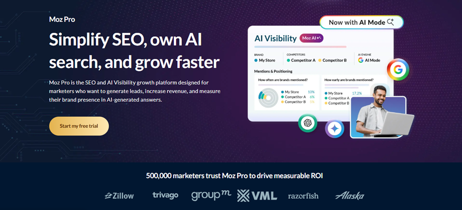 Moz Pro homepage hero banner promoting AI Visibility and SEO tools