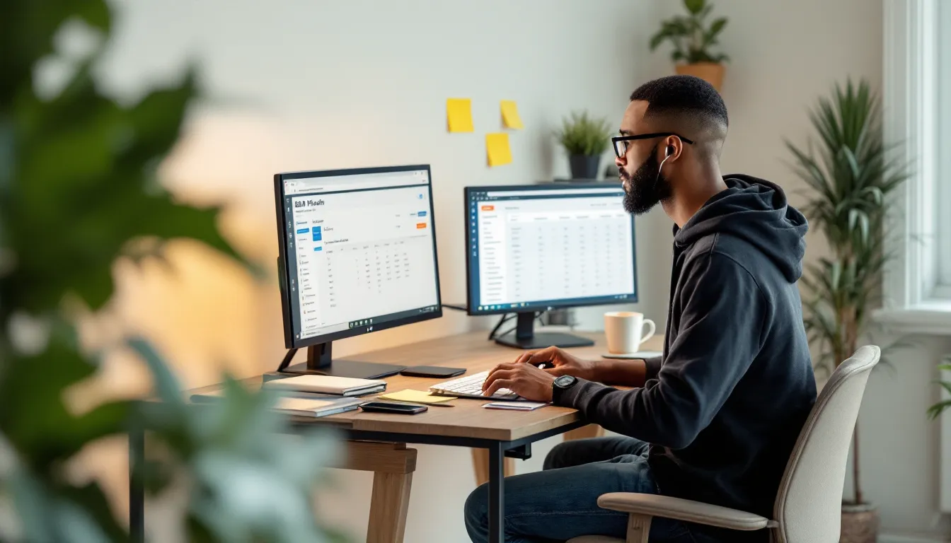 Digital marketer comparing Rank Math and other SEO plugins on dual monitors at home desk.