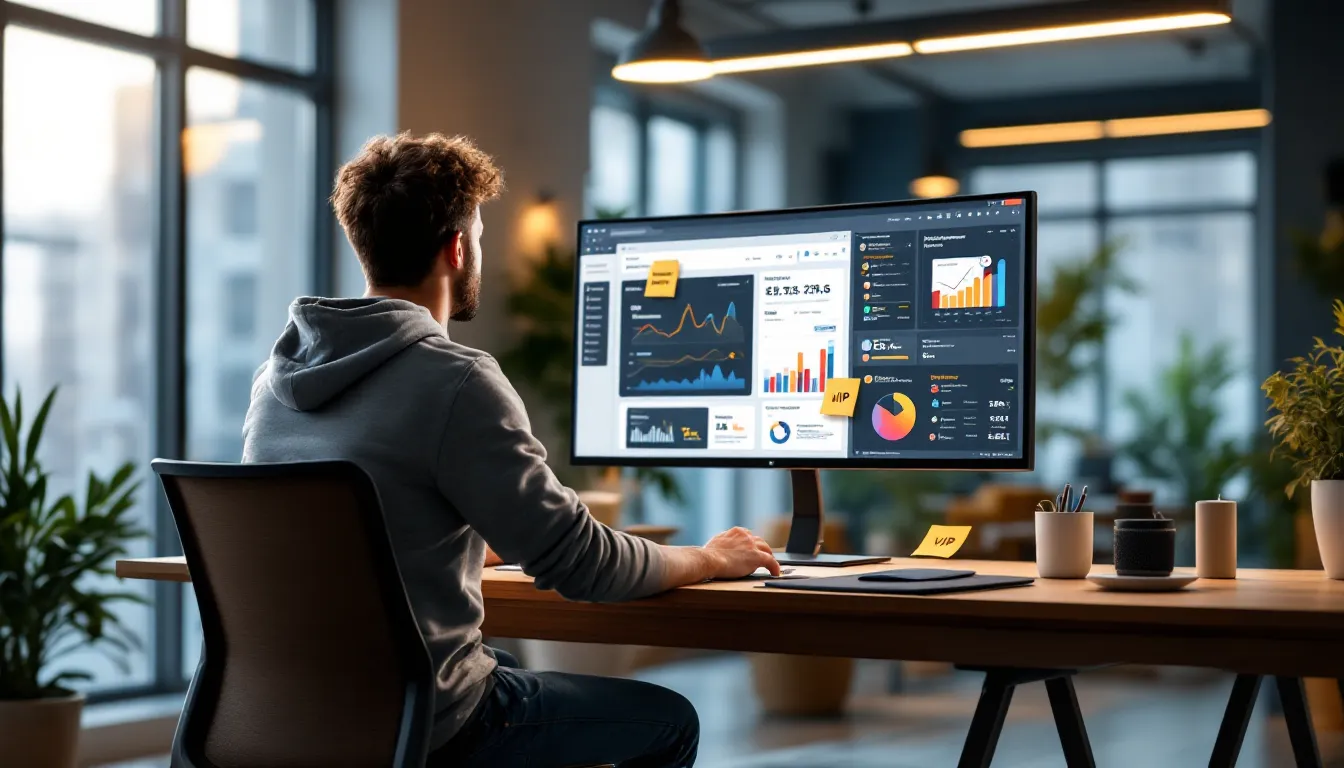 Two marketers compare email automation and CRM dashboards in a modern U.S. office.