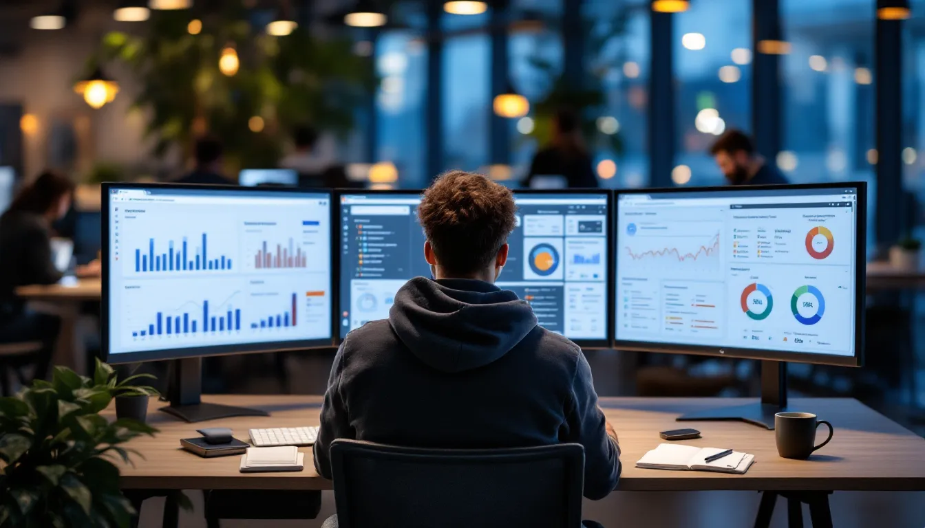 SEO strategist analyzing three specialized SEO tool pillars on a large monitor.