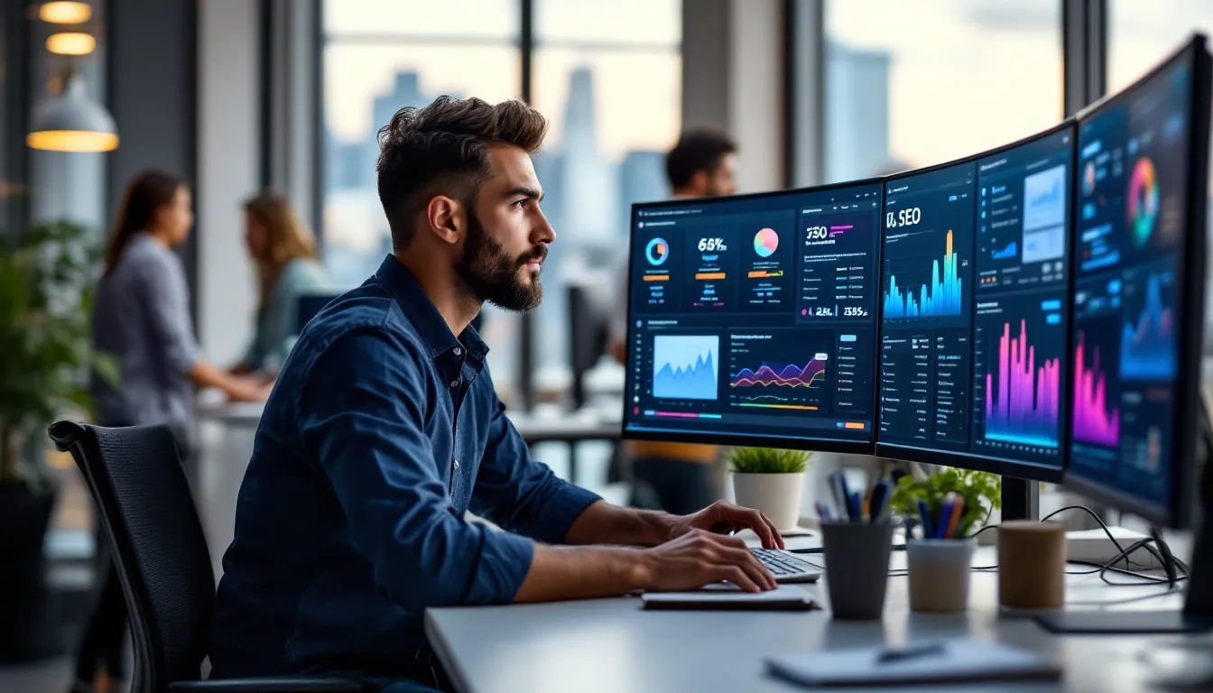 Marketer at desk monitoring AI-driven marketing dashboards and automated campaign optimization.