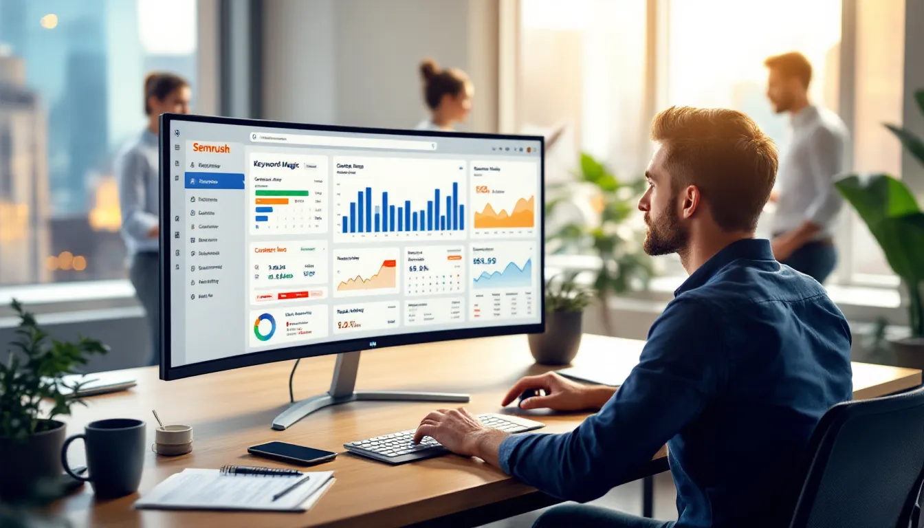 Digital marketer analyzing Semrush-style SEO dashboard with keywords, competitors, audits, and rankings.