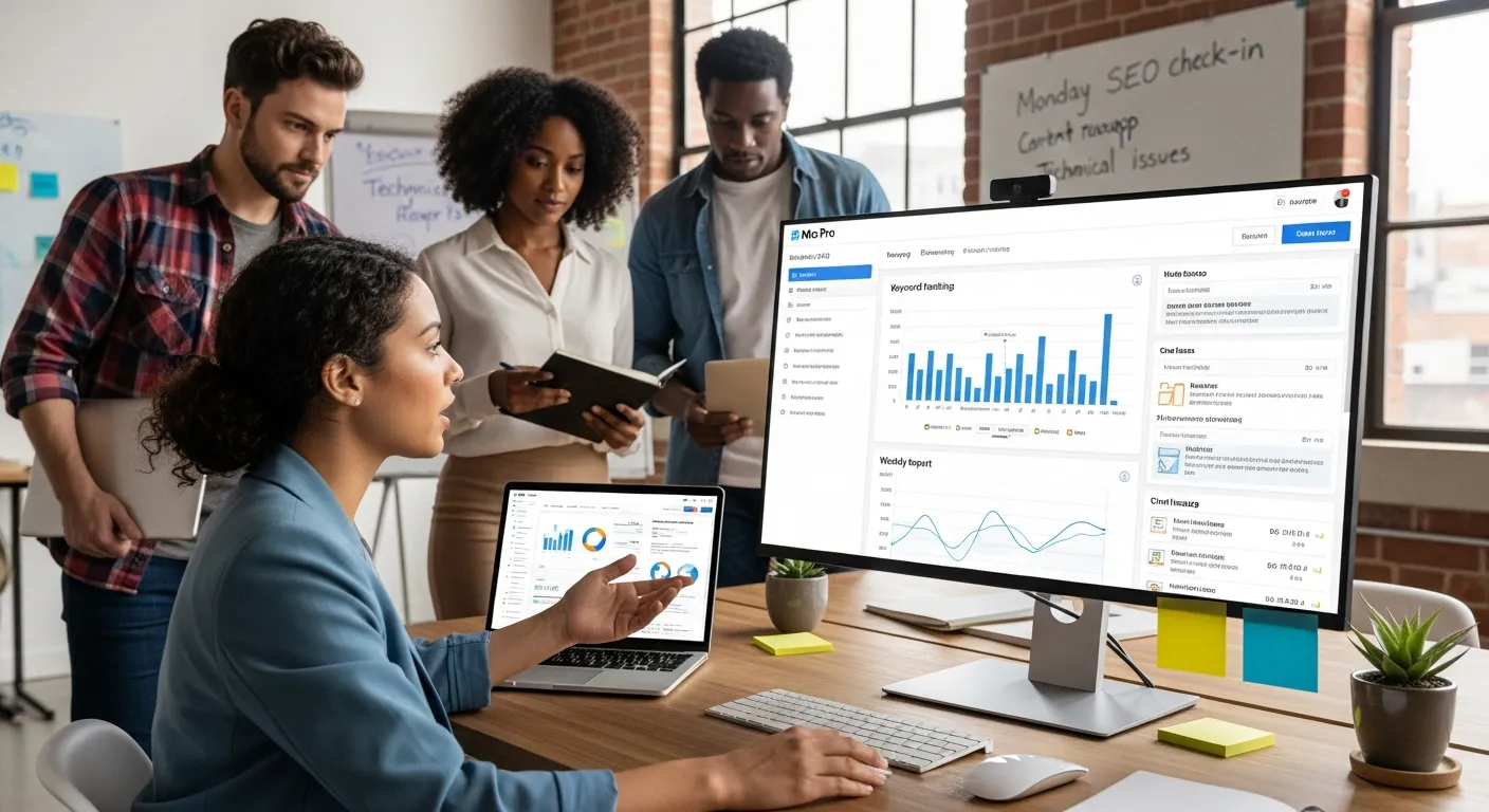 Marketing team reviews Moz-style SEO dashboard together in a bright modern office.
