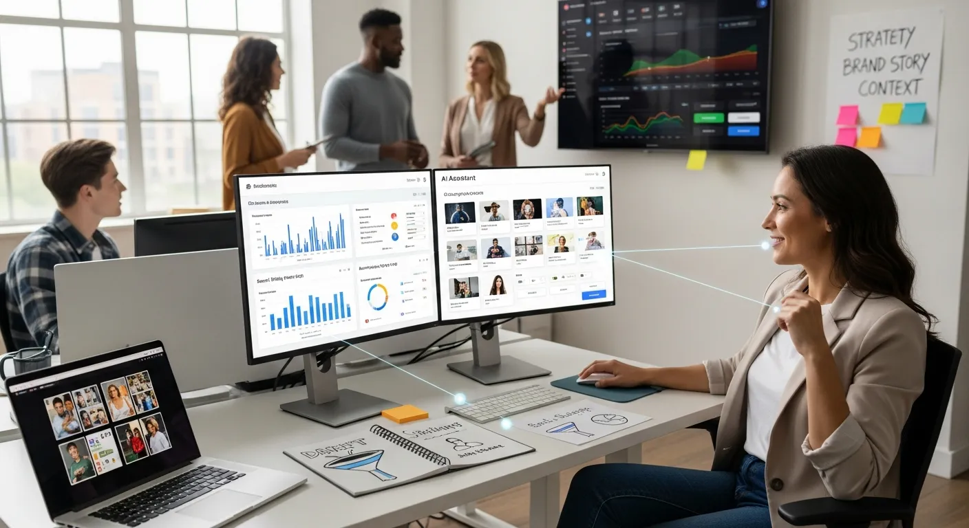 Marketer guides AI tools on a large screen in a modern digital marketing office.