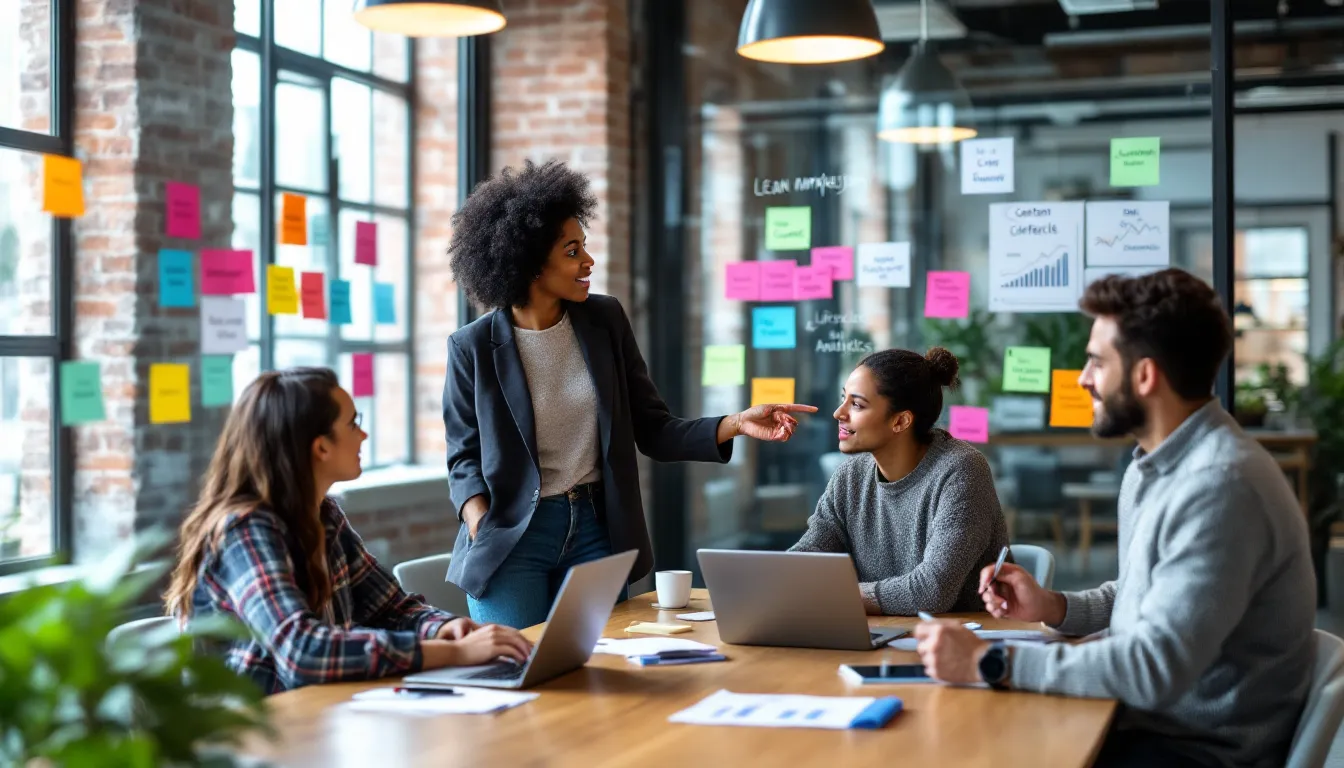 Diverse marketing team in a startup office mapping a lean tool stack strategy.