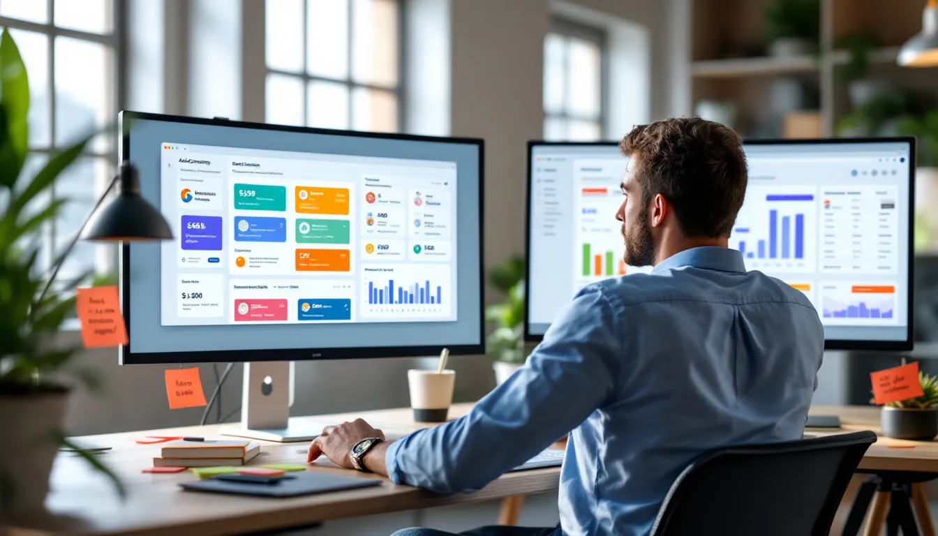 Marketer compares ActiveCampaign and HubSpot dashboards side by side on a wide monitor.