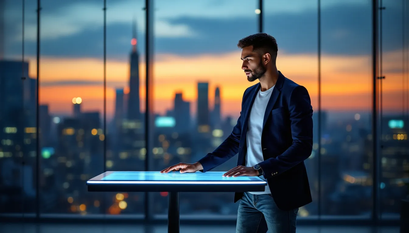 Marketer in a high-tech office planning AI-driven marketing for the next three years.