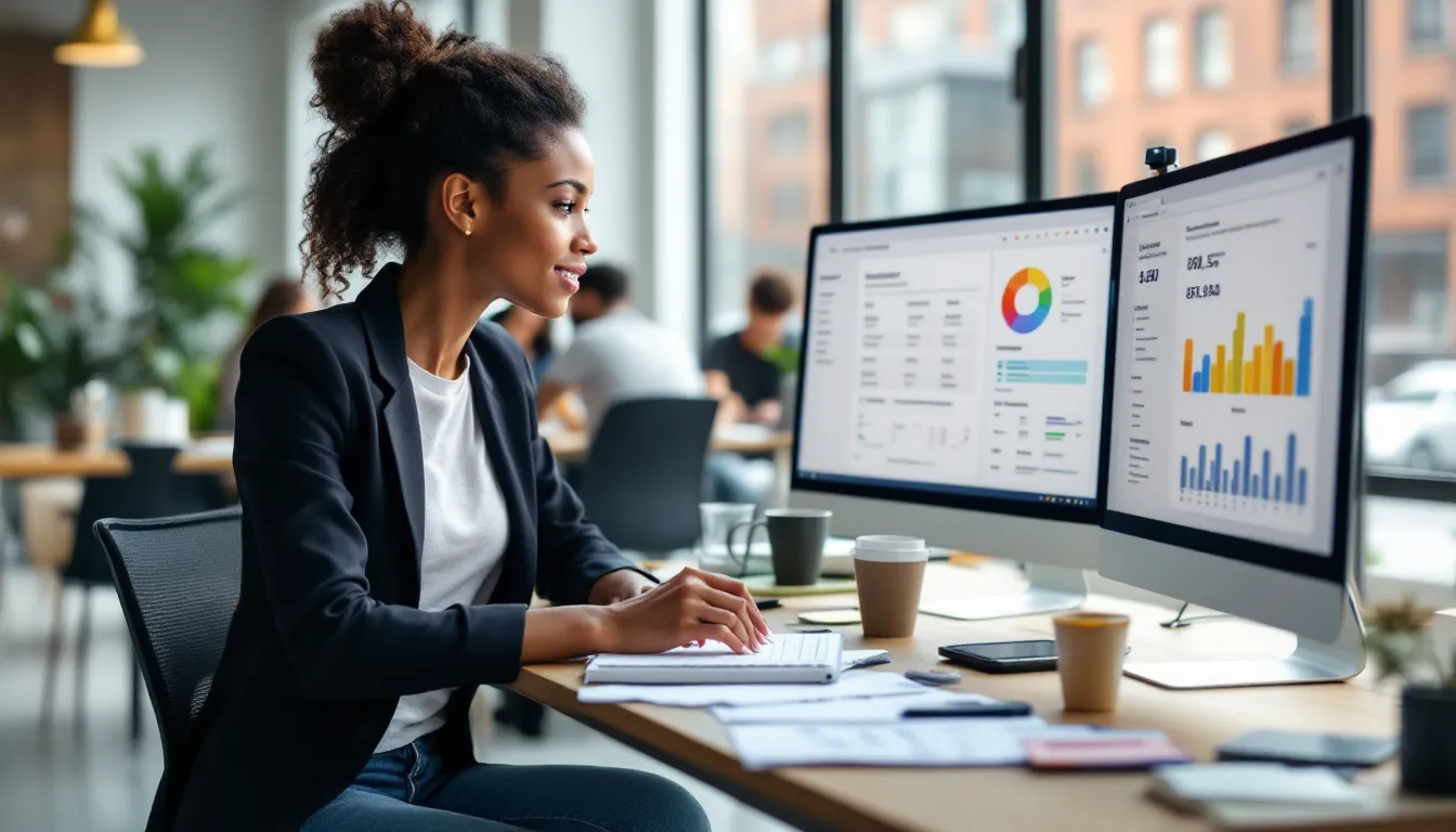 Growth marketer in a small office comparing email marketing platforms and funnel metrics.