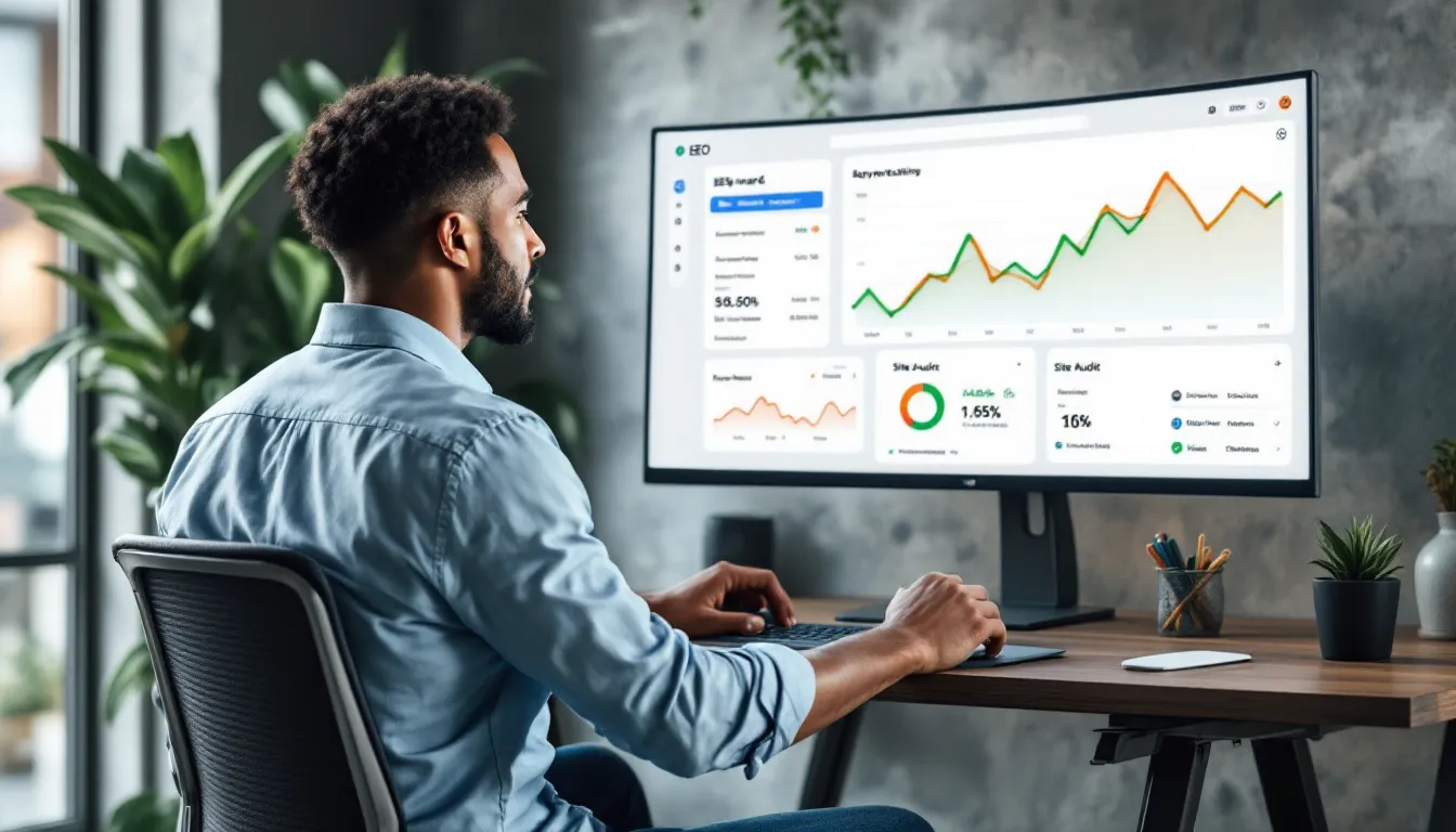 Small business owner reviews a simple SEO dashboard on a single monitor in office.