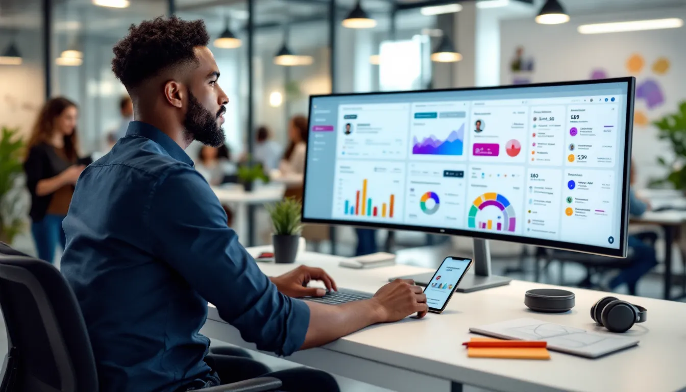 Marketer using a unified marketing tech dashboard in a modern open-plan office.