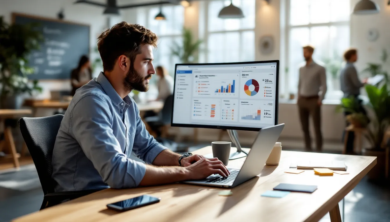 Marketer in a modern office comparing AI marketing dashboards to choose the best tools.