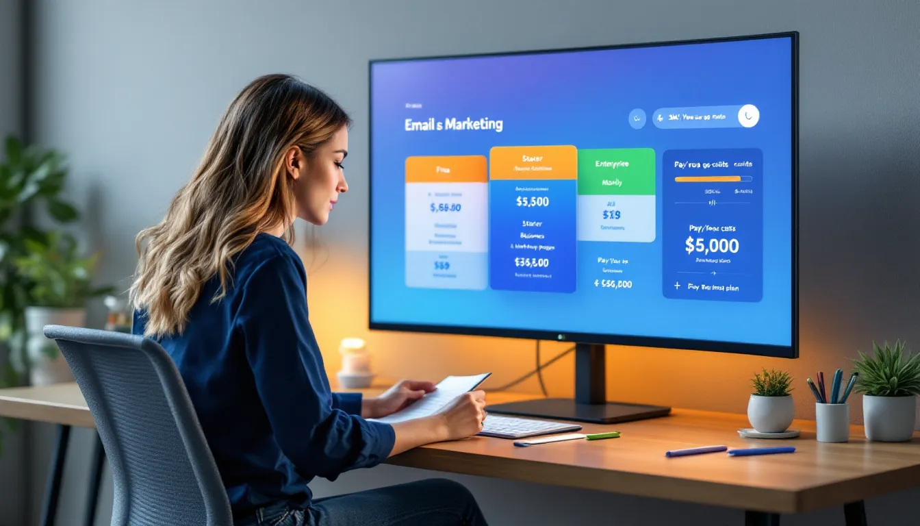 Marketer analyzing email platform pricing dashboard with tiers and rising add-on costs.