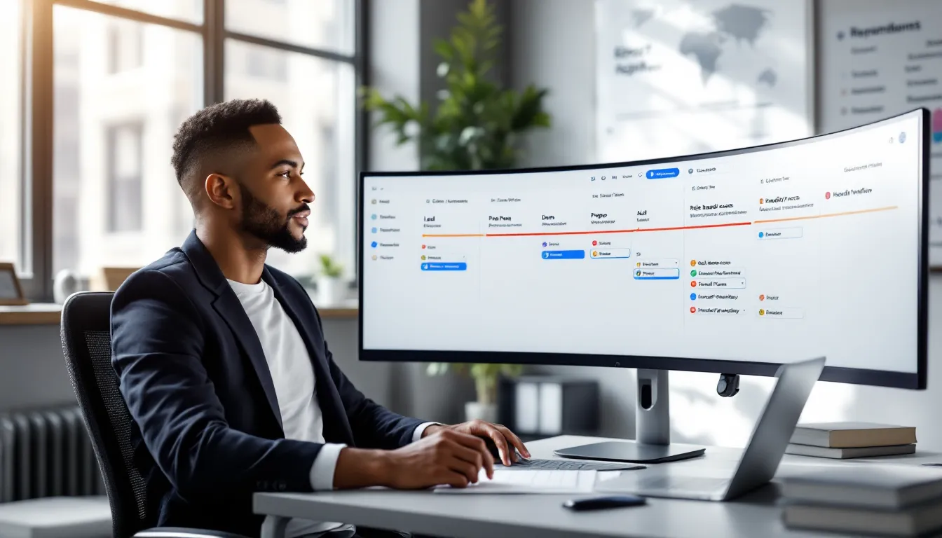 Agency team member updates a CRM pipeline dashboard with tasks and reports.