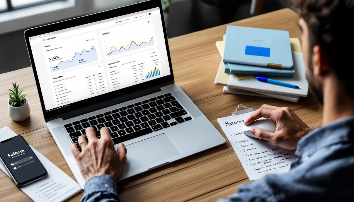 Person comparing Fathom, Plausible, and Matomo analytics dashboards on a laptop.