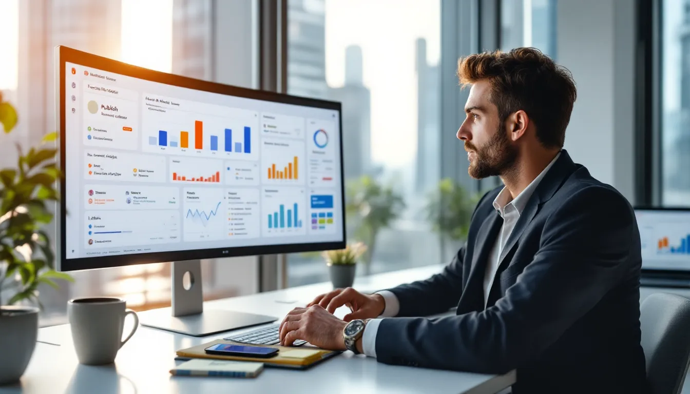 Marketer reviews a social management dashboard with calendar, inbox, analytics, and listening.