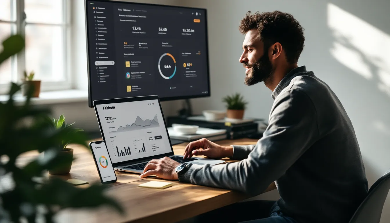 Founder reviewing Fathom’s simple privacy-first analytics dashboard on a laptop.