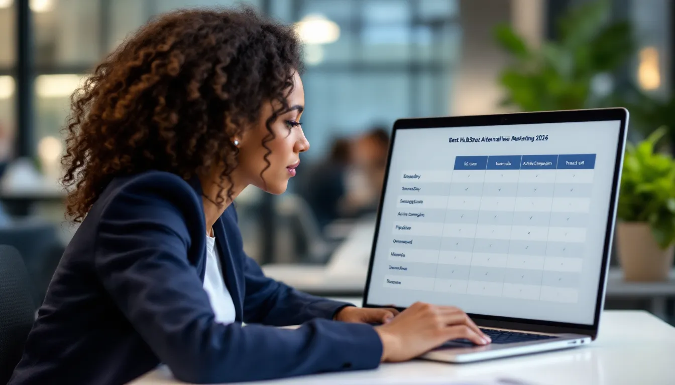 Marketer comparing HubSpot alternatives on a laptop in a modern U.S. office.