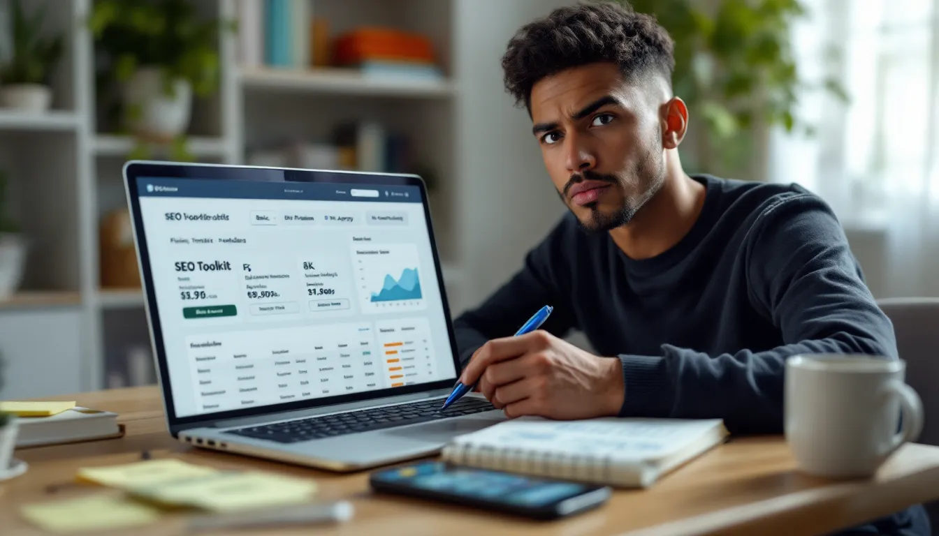 Marketer reviewing an affordable SEO toolkit and pricing on a laptop.