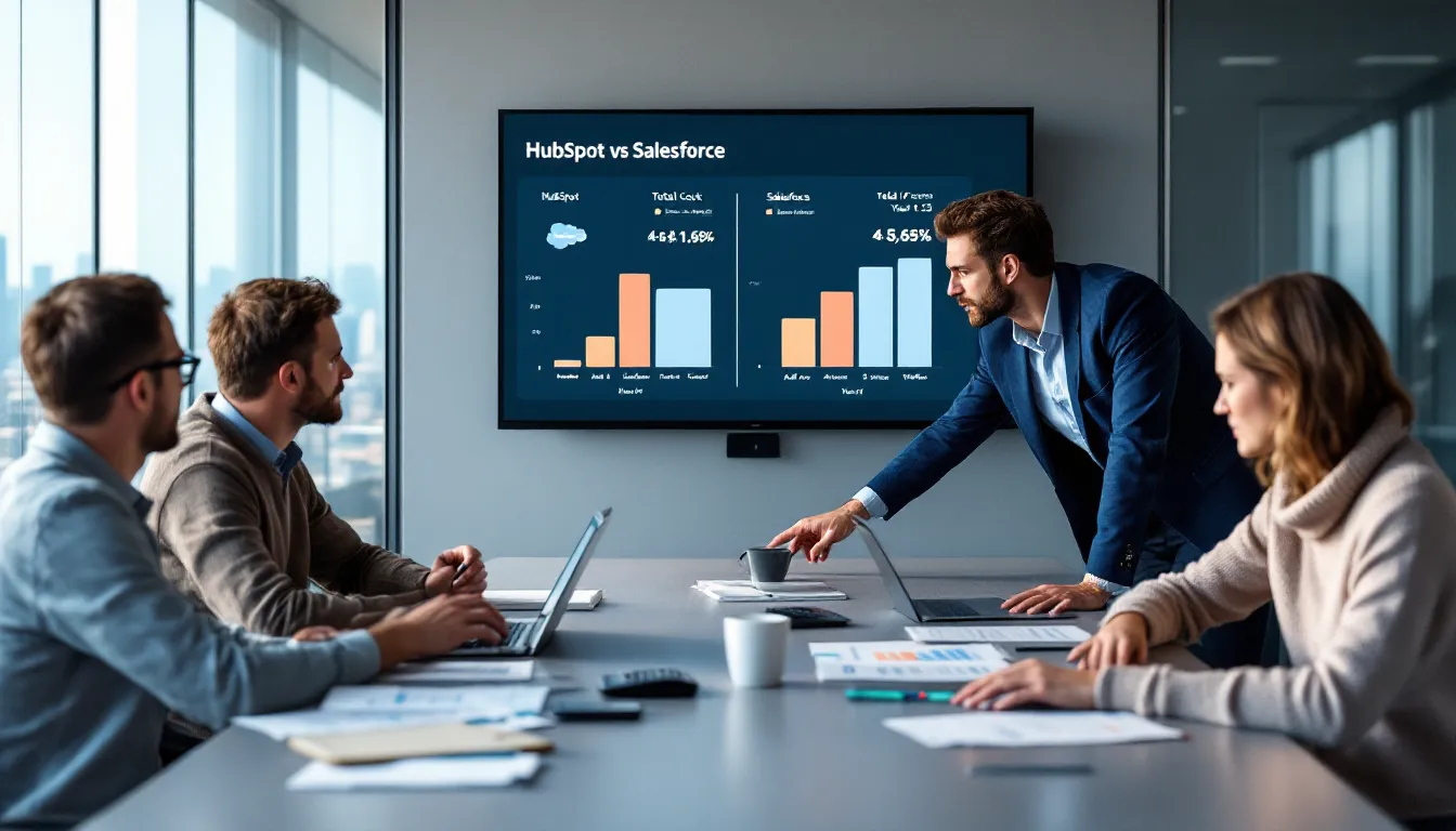 Team reviewing HubSpot vs Salesforce CRM total costs on a conference room screen.