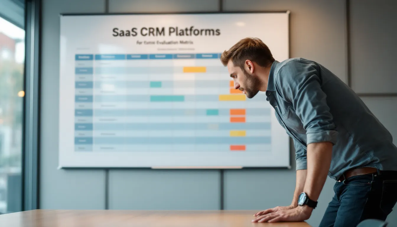 Team evaluating SaaS CRM platforms with scaling criteria on a conference room screen.