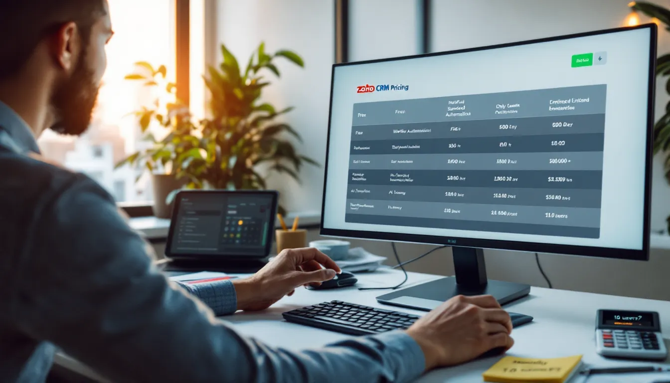 Analyst comparing Zoho CRM pricing tiers and limits on a computer screen.