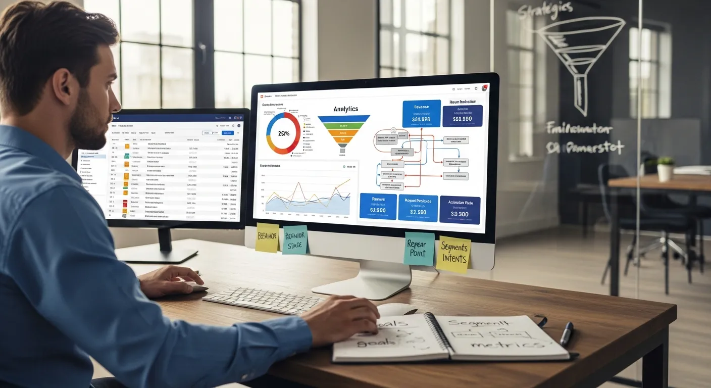 marketer reviewing email automation goals, segments, and performance metrics on screen